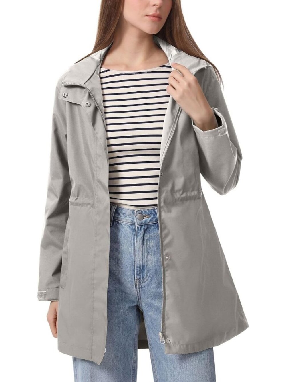 Women's Light Khaki Rain Jacket Waterproof Hooded Long Raincoat Zipper Pockets
